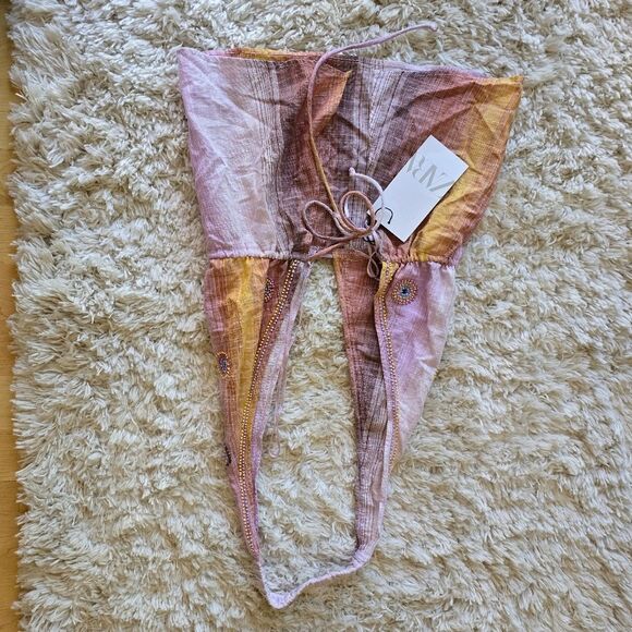 Zara Tan Pink Sleeveless Halter Plunging Beaded Embroidered Open Back Top Sz XL - Picture 8 of 11